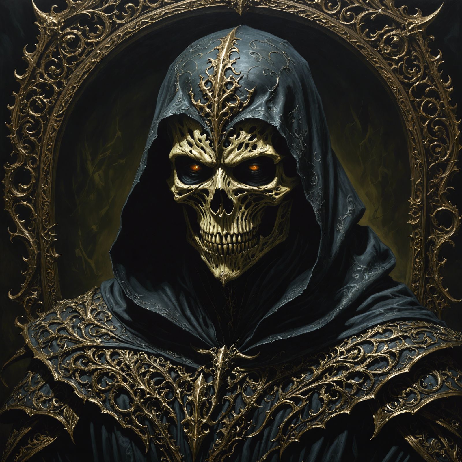 A dark and eerie oil painting, showcasing a Shadowbane Assassin in all its terrifying glory. Highly detailed and realist...