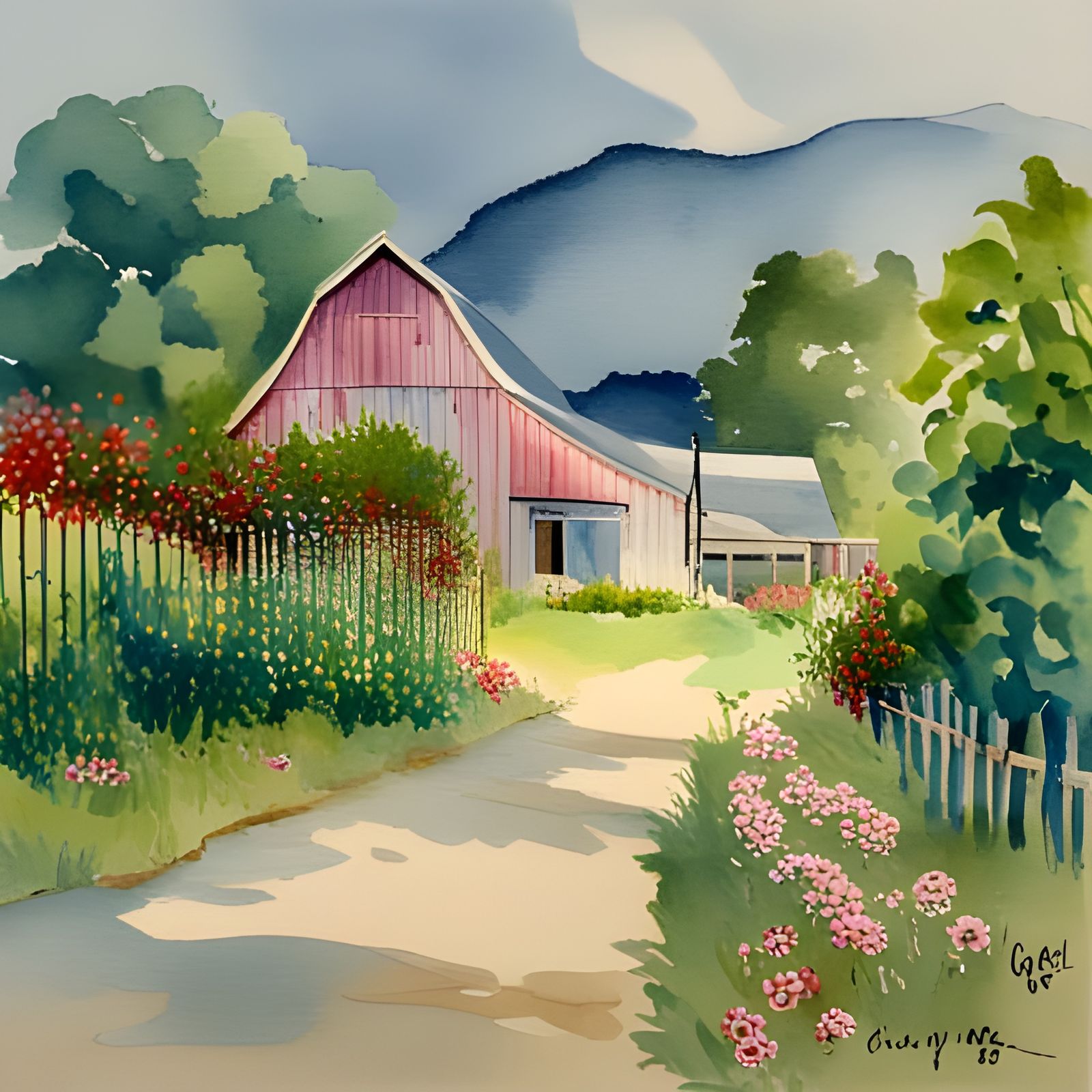 Dairy Farm in Traditional Chinese Watercolor Style