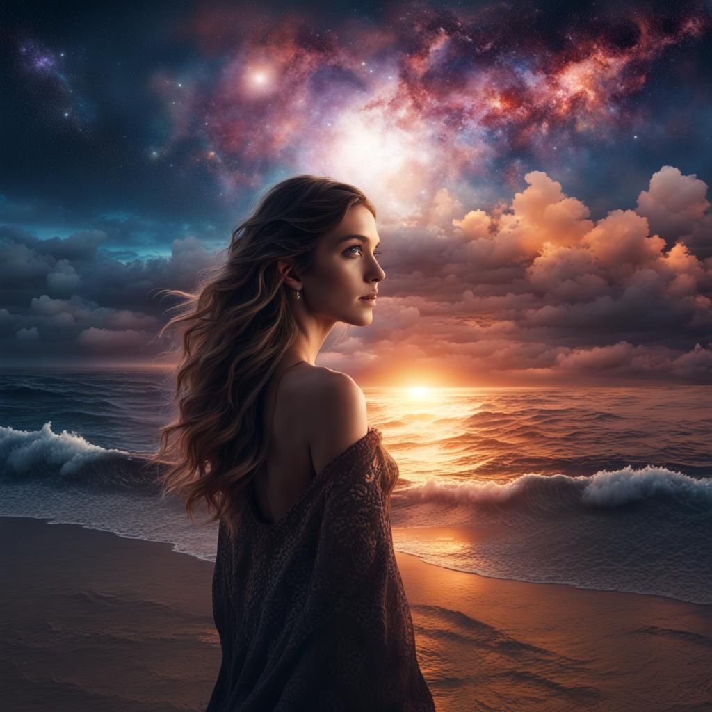 Double Exposure Art: Woman, Sunset, and Starry Night