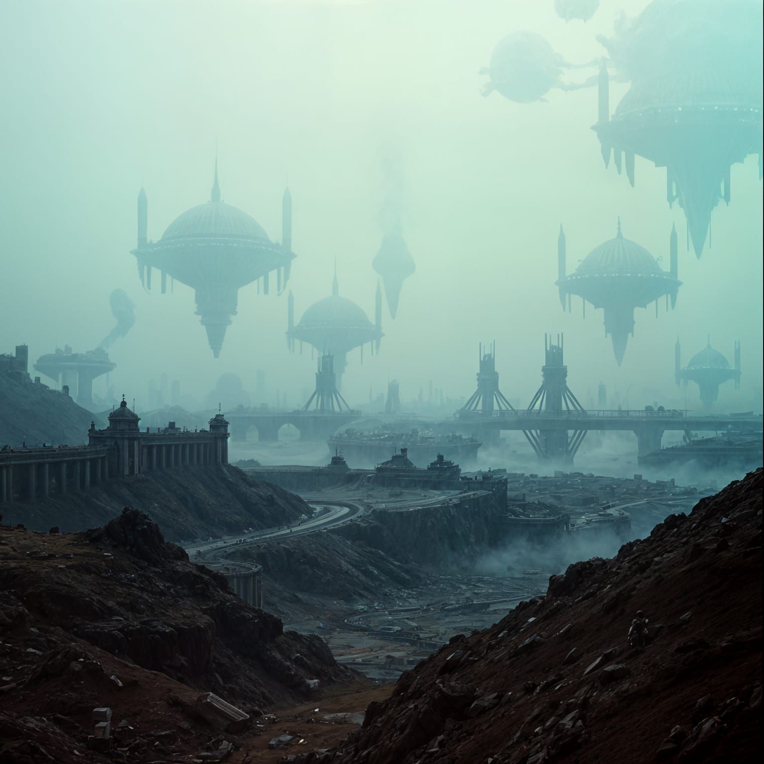 Dystopian Sky Cities in Polluted World
