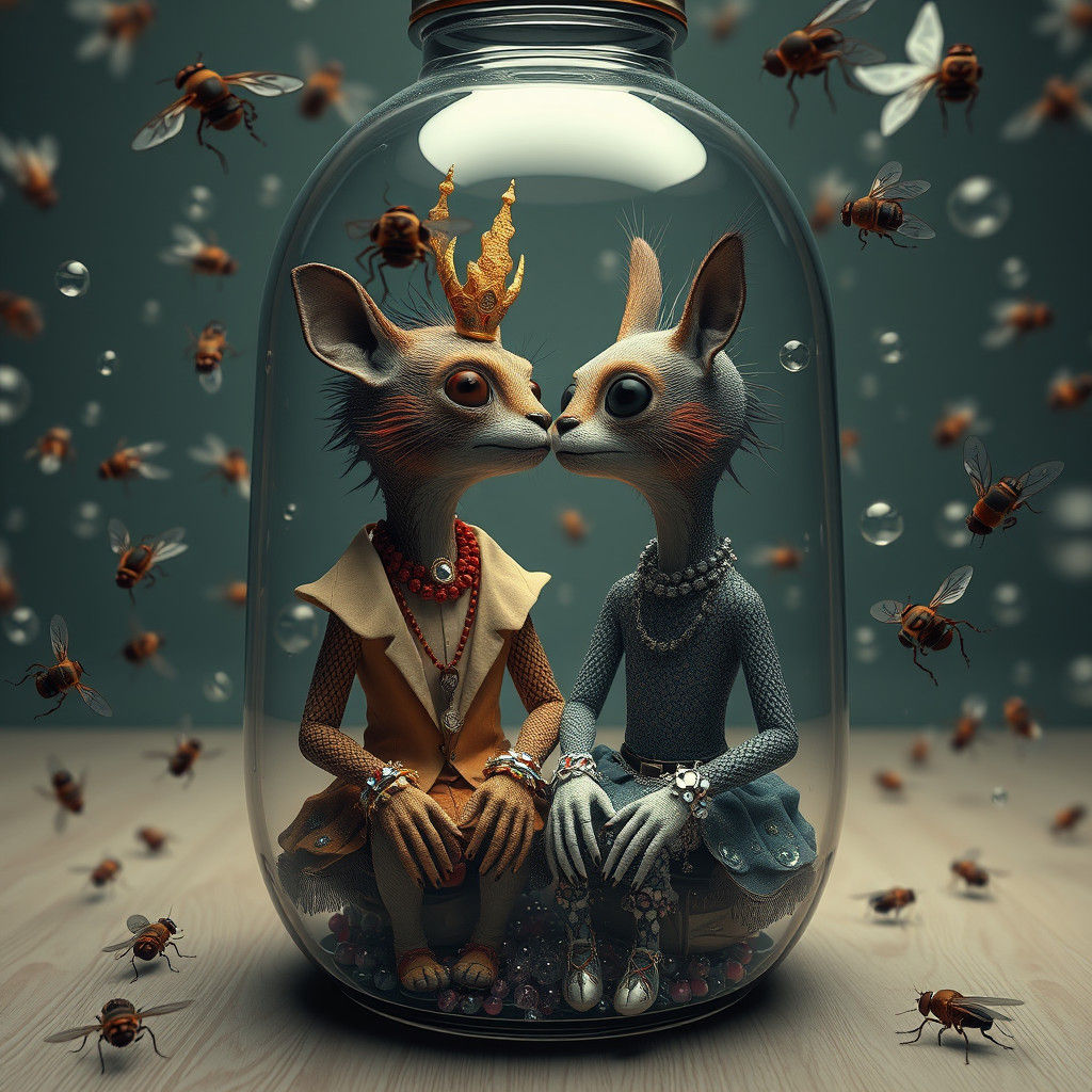 Futuristic Creatures Fuse in Glass Bottle Wonderland