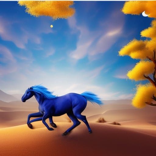 Majestic Navy Horse Galloping Across Desert