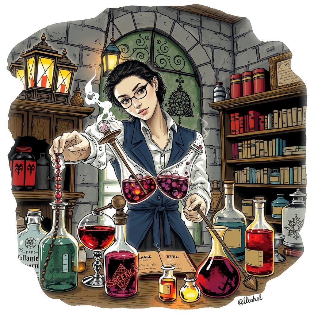 Mystical Student Alchemist in Fantasy Laboratory