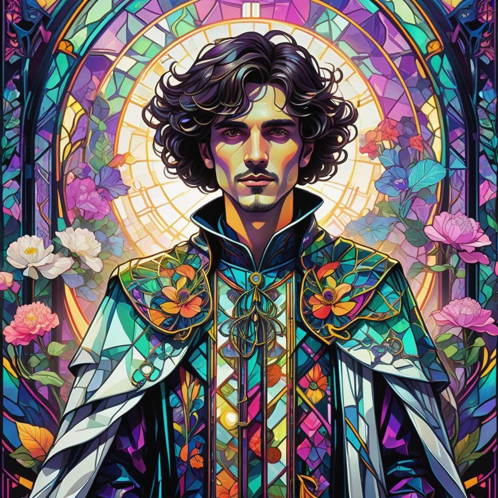 The Magician Card in Art Nouveau Synthwave Style