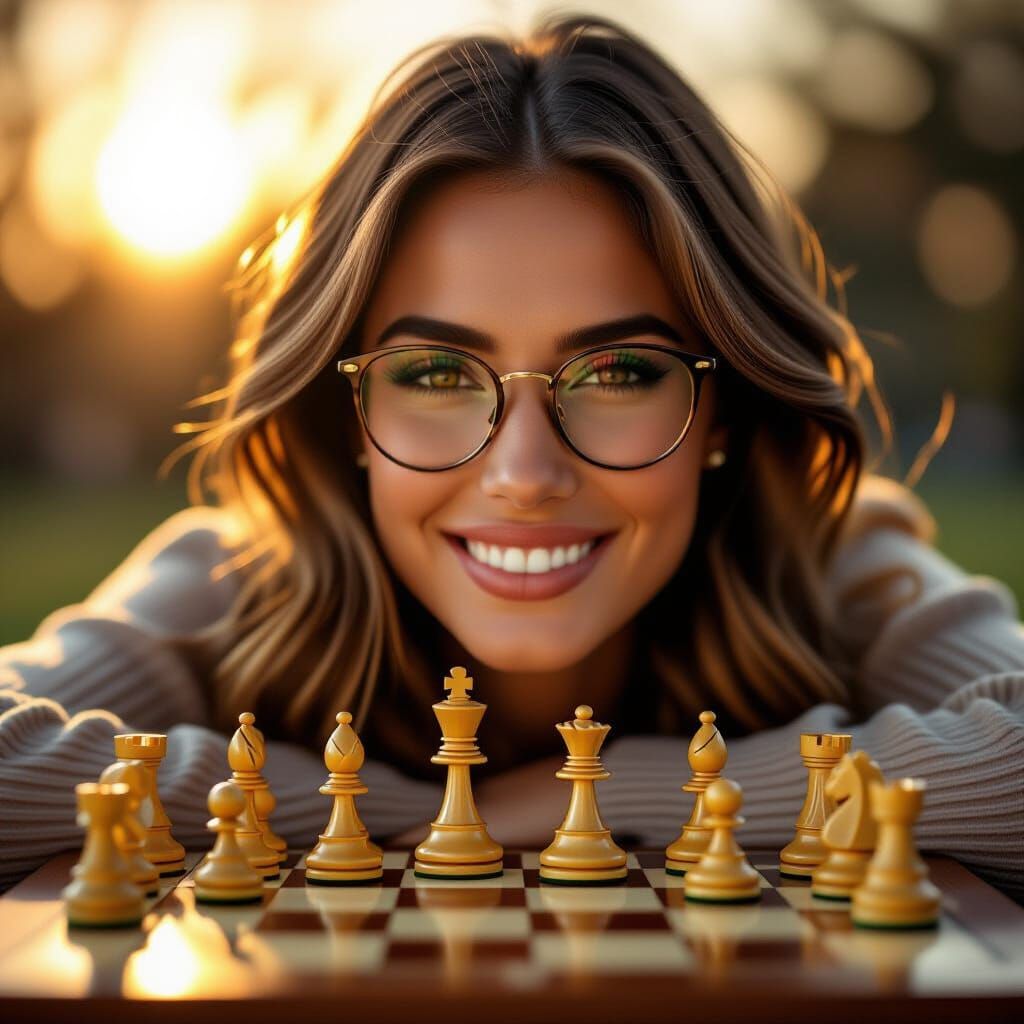 Beautiful Woman with Glasses Over Chessboard in Golden Hour