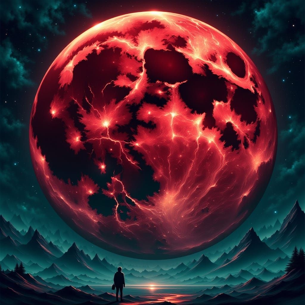 Hyperrealistic Blood Moon in Turquoise Night Sky