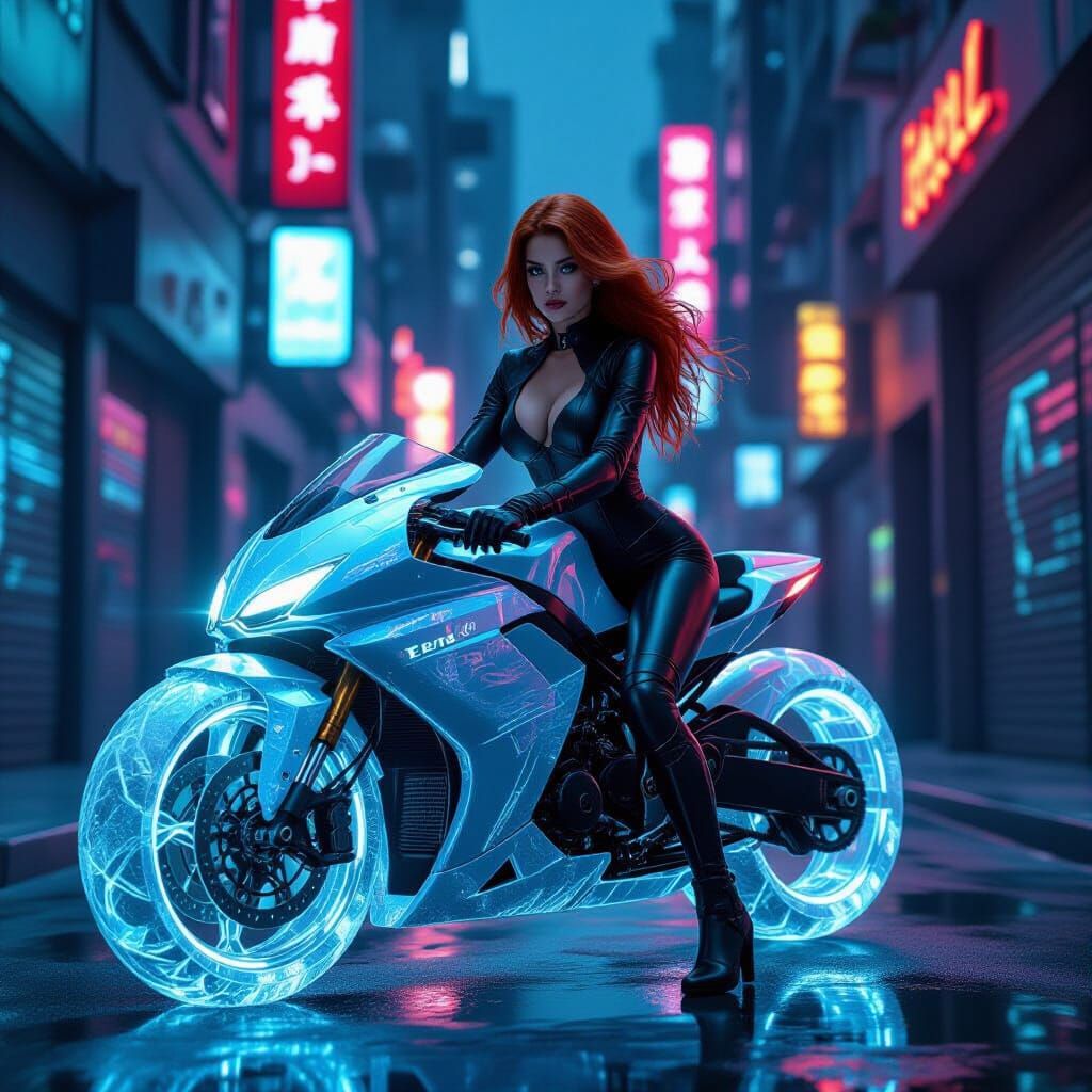 Woman on Ice Motorcycle in Neon Alley, Cyberpunk Style