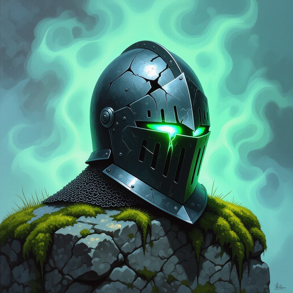 Dark fantasy art. A lone, weathered knight's helmet, cracked...