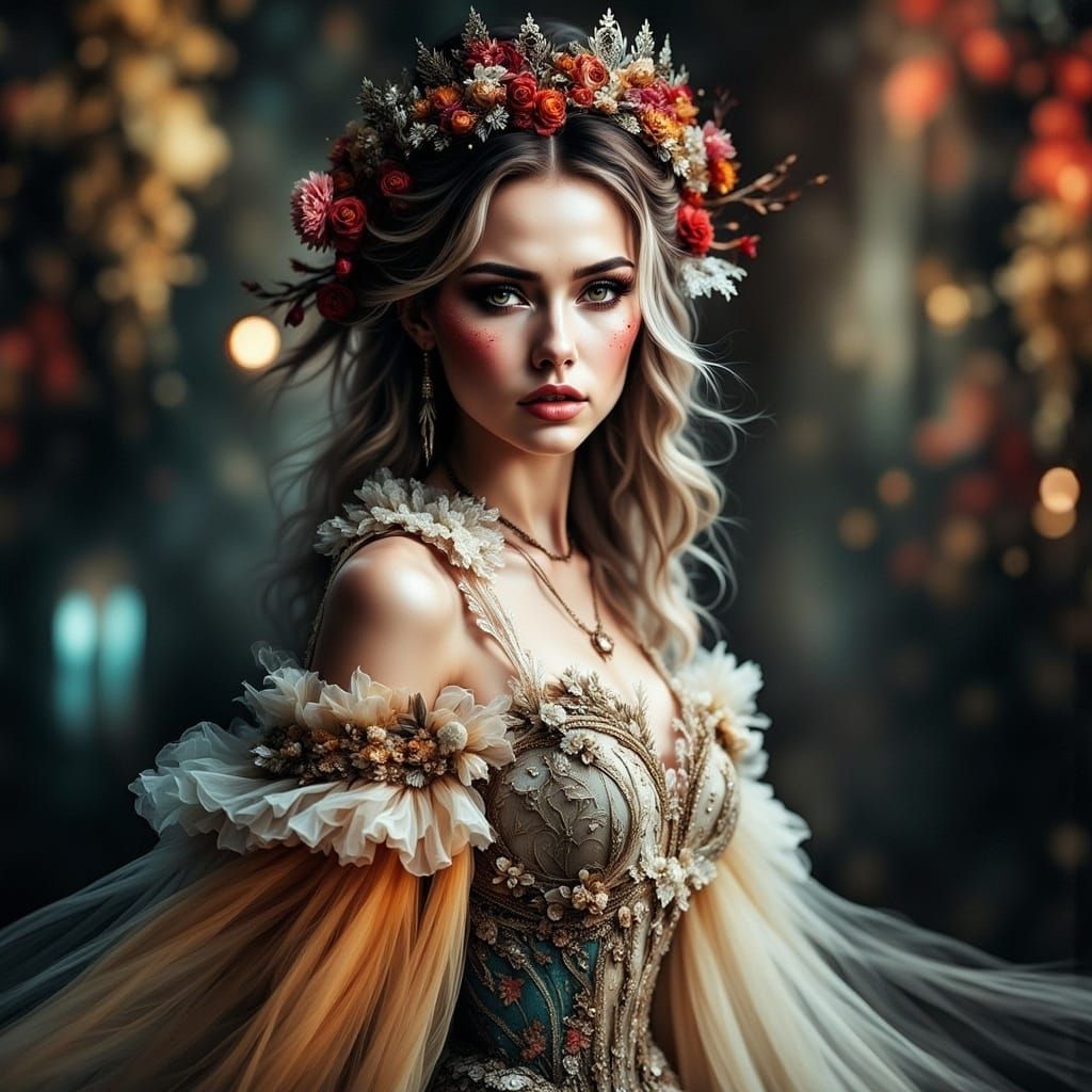 <lora:FluxWispy:1.0> Hyperrealistic portrait of a beautiful woman wearing intricately detailed colorful gown. intricate ...