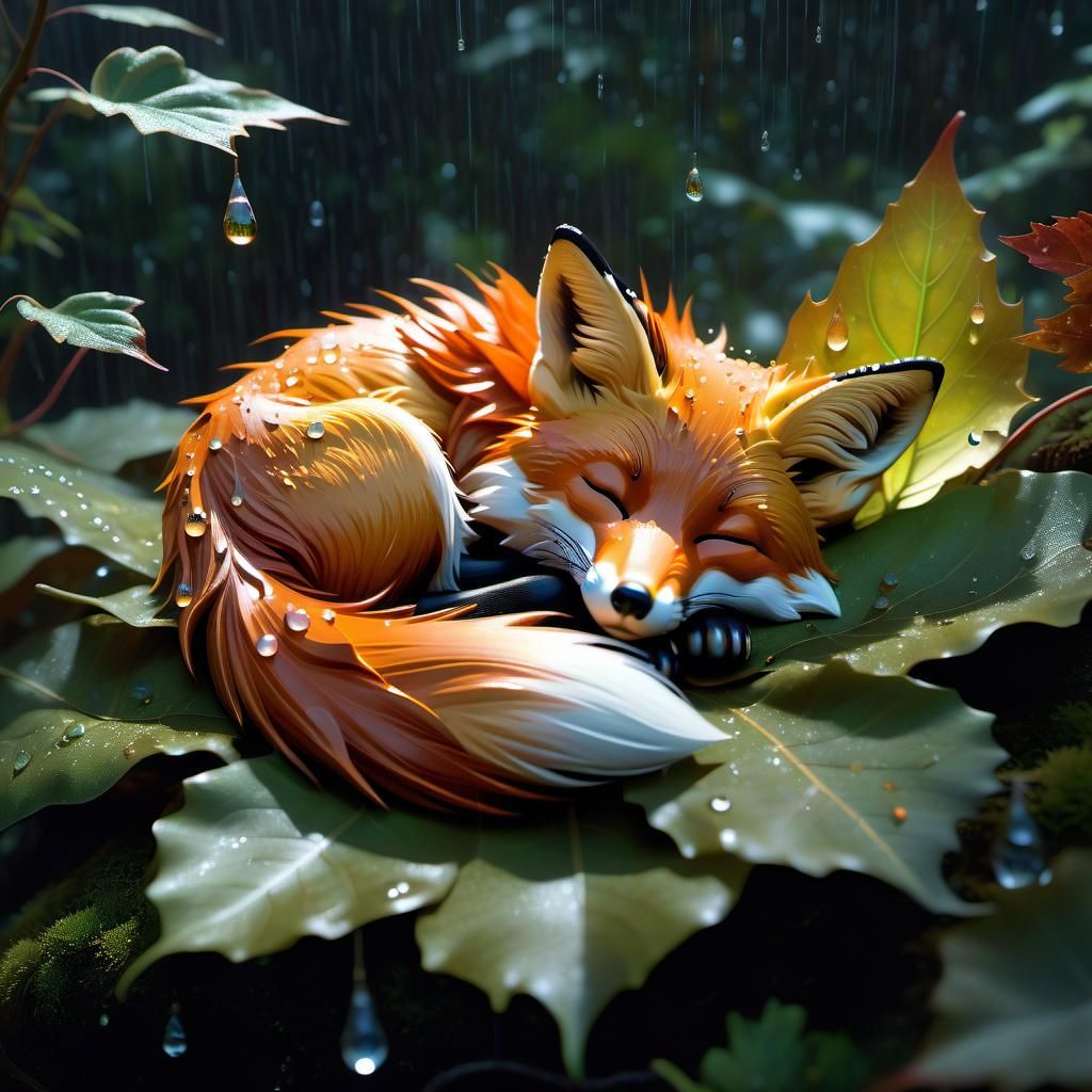 Fox Asleep in Rain, Digital Illustration