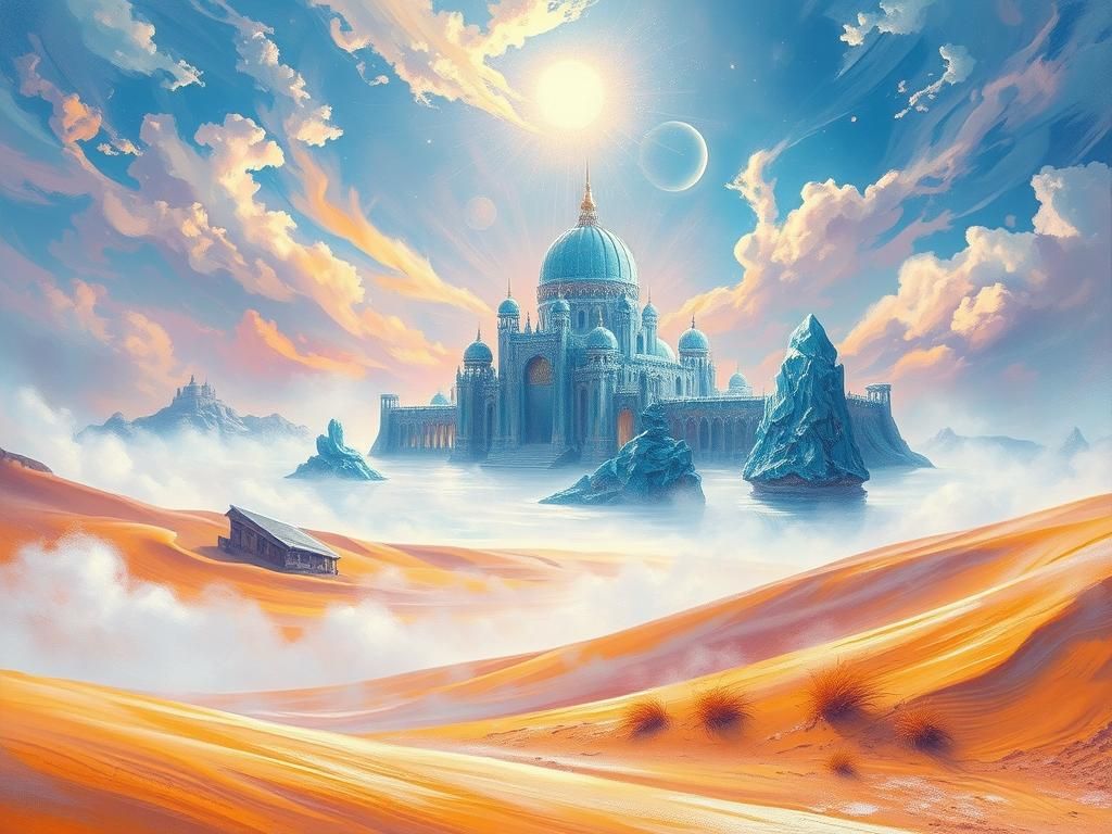 Ice Dream Oasis in Scorching Desert, Oil Painting