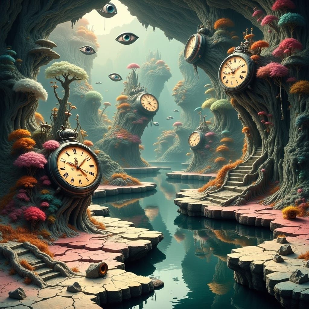 Surreal Glitch Landscape with Melted Clocks
