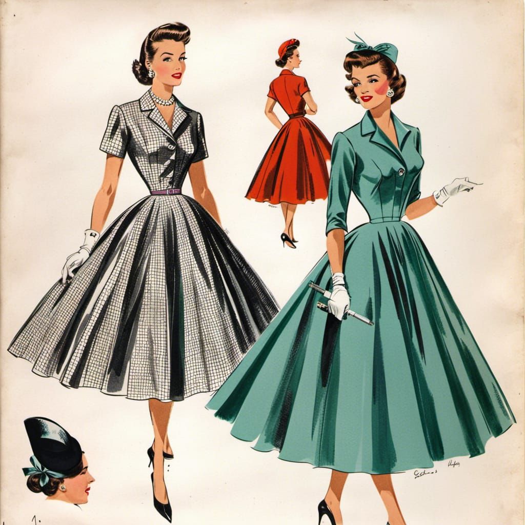 1950s Fashion Illustration: New Look Dress Design