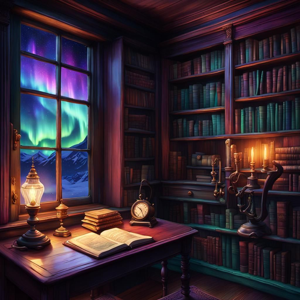 Aurora Borealis View from Cozy Winter Library