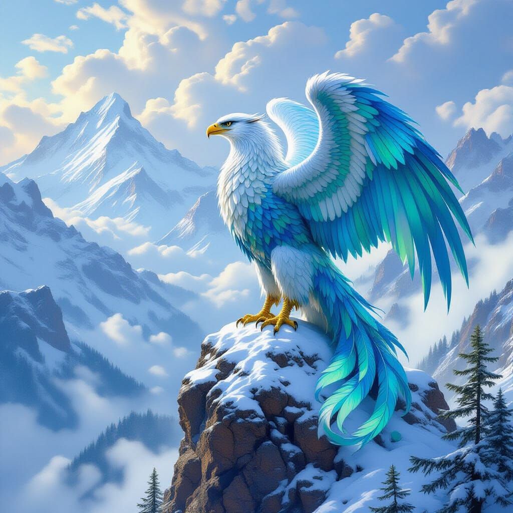 Iridescent Griffin Perched Atop Snowy Peak in Fantasy Realis...