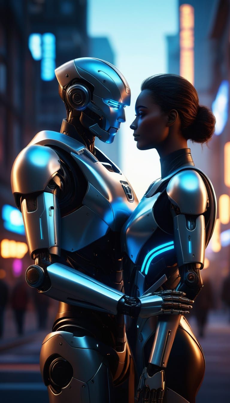 Humanoid Robot Man and Woman in Epic Futuristic Love Scene