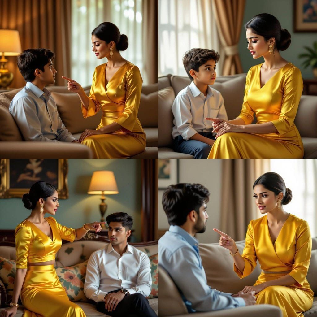 Indian Woman Lecturing Nephew by Sofa