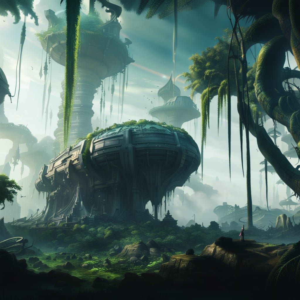 Jungle Planet with Alien Ruins: Digital Matte Painting