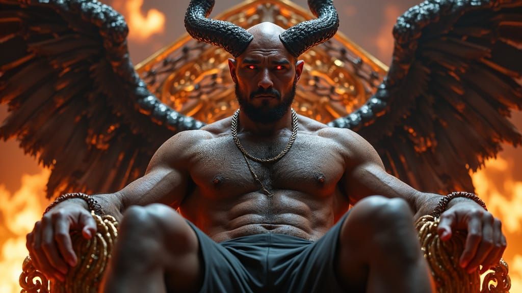 Robust Athlete on Tron-Inspired Throne with Demon Horns and ...