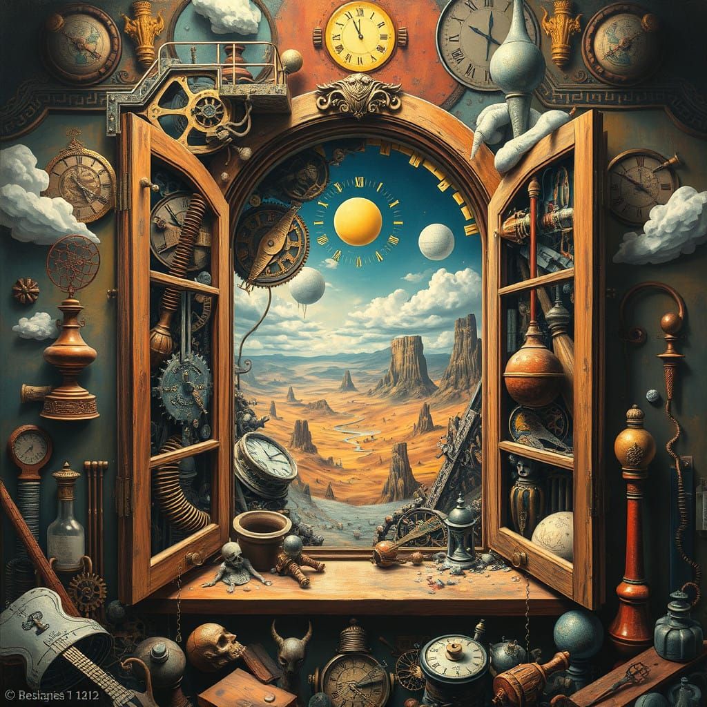 Surreal Dreamscape with Melting Clockwork Mechanisms and Dis...