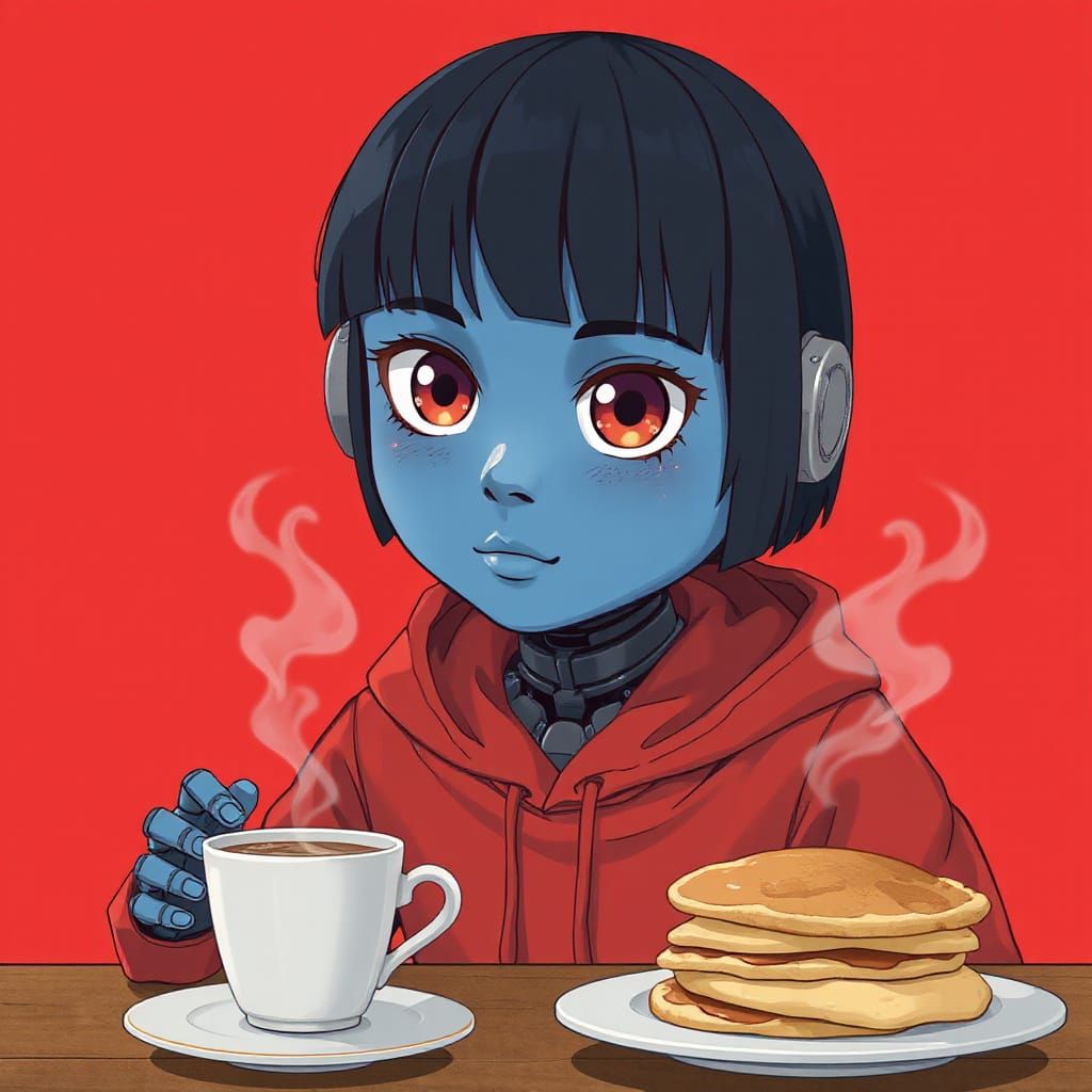 Anime-Style Robot with Coffee and Pancakes