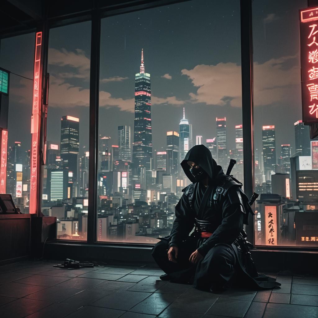 Cyberpunk Ninja in Temple at Night