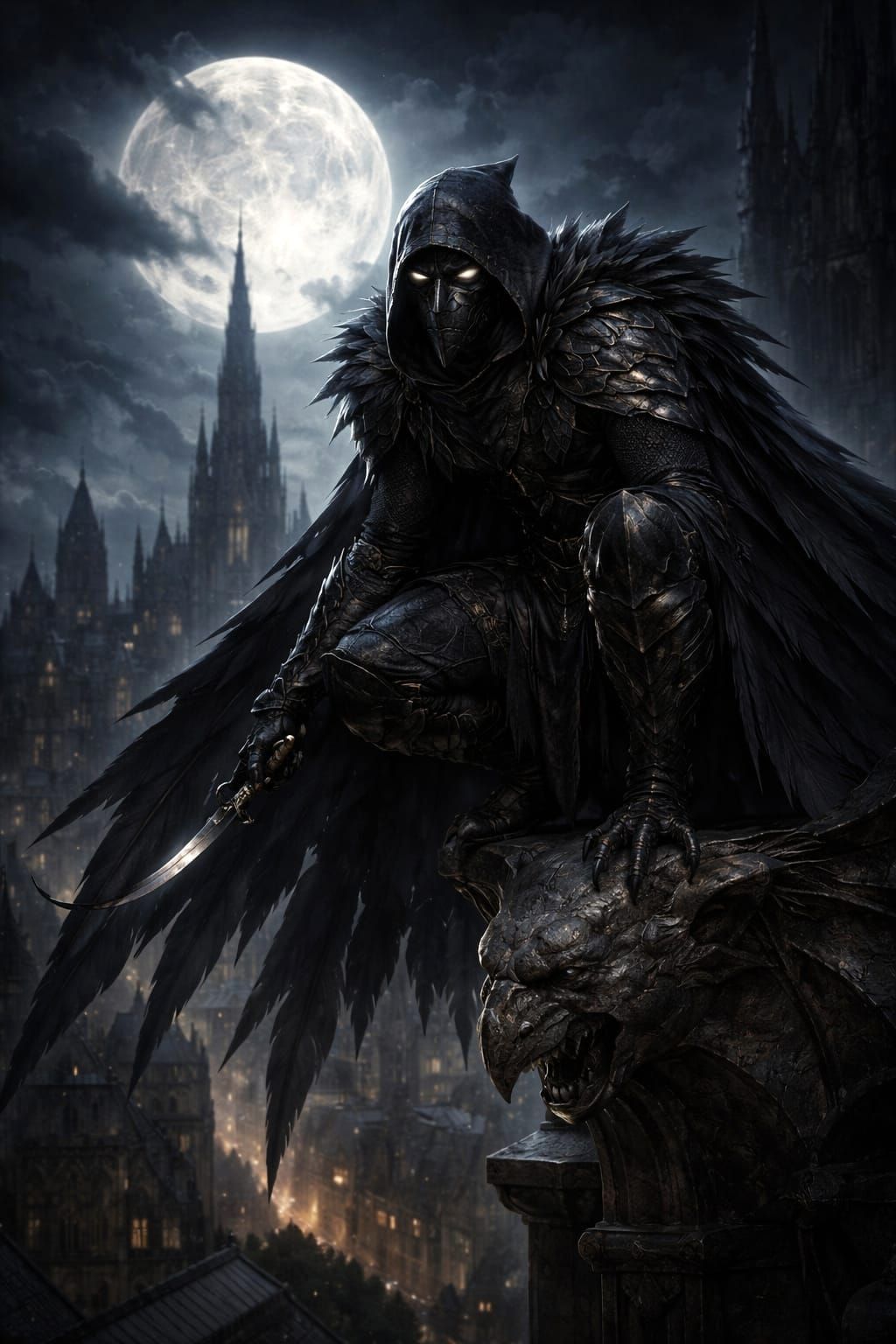 Shadow Crow Assassin on Gargoyle Over City