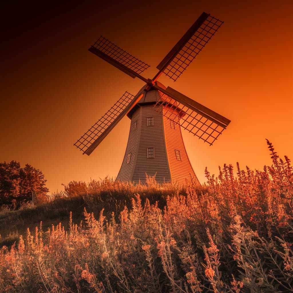 Windmill Amidst Wildflowers in HDR Photograph