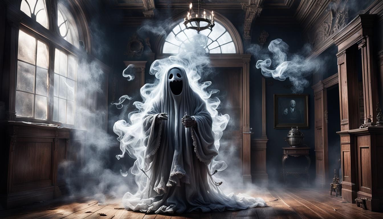 image of the little ghost, transparent and comical, with some smoke surrounding him, perfect, inside an old room, with d...