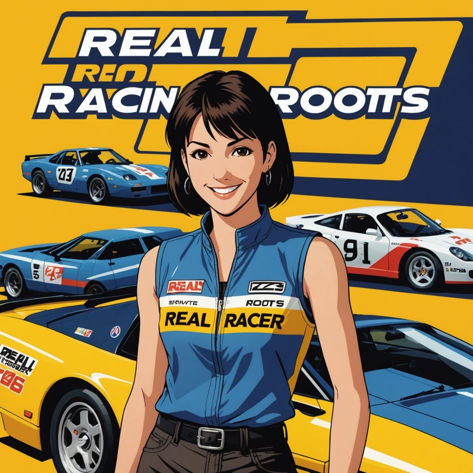Retro Racing Game Character with Dark Hair