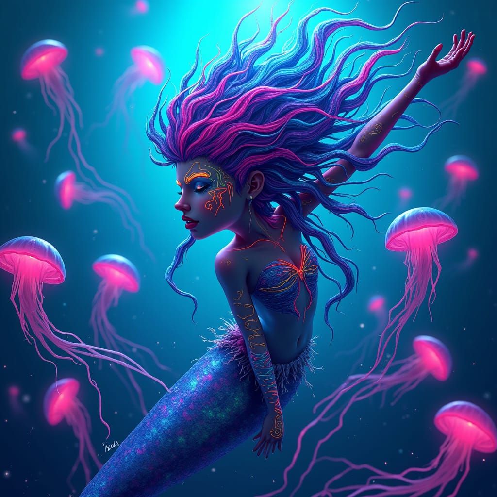 Neon Mermaid in Psychedelic Graffiti Art Style