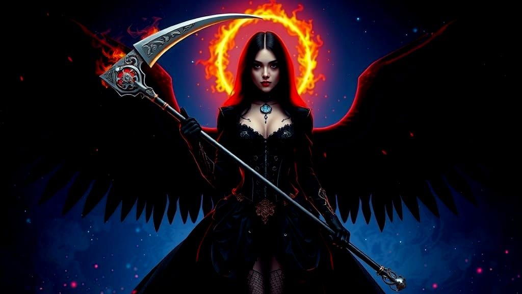 Gothic Woman with Black Wings and Scythe in Fiery Fantasy Ar...
