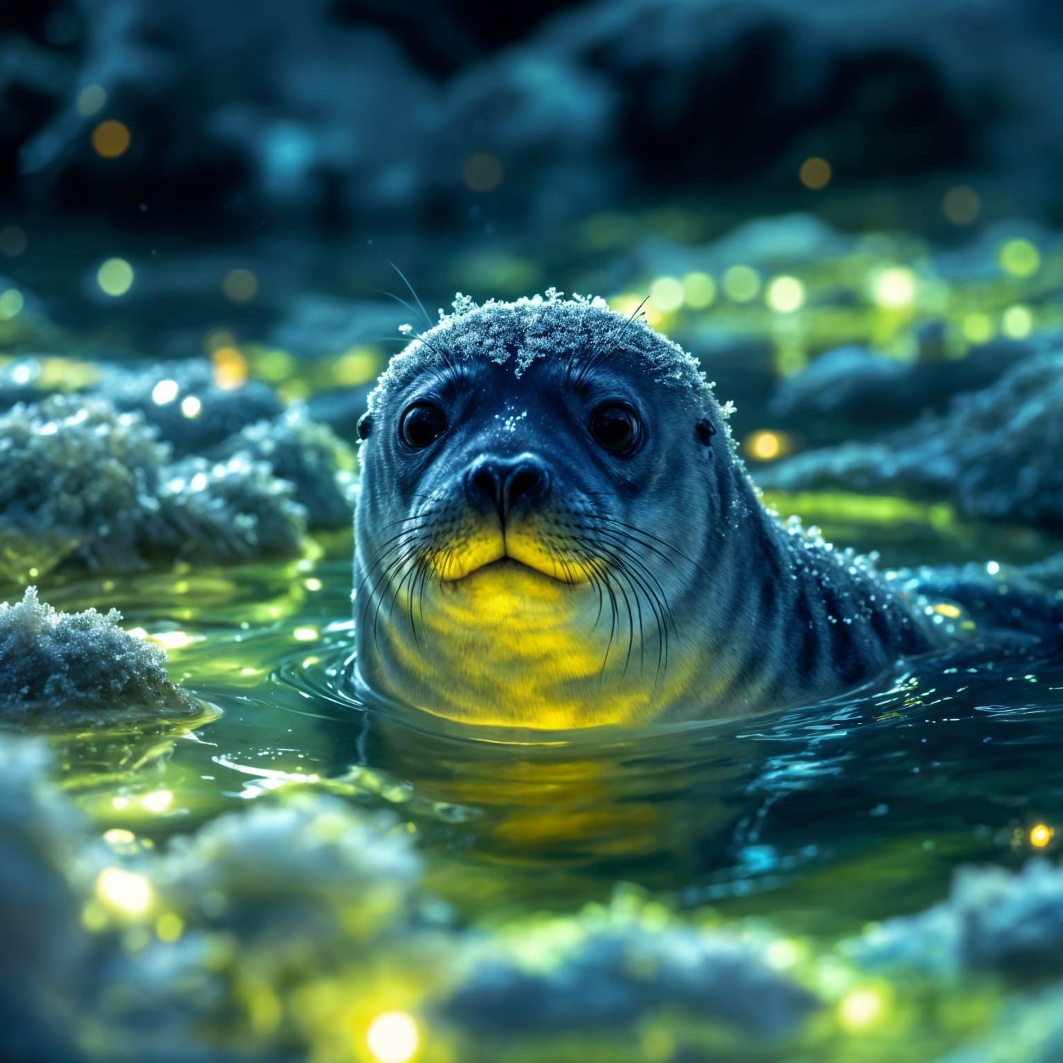 Gray Seal Under Frosty Bioluminescent Waters