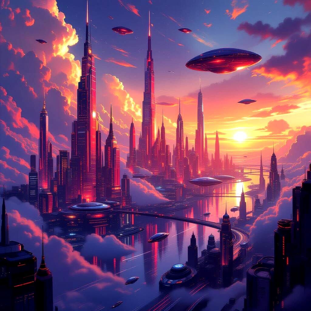 Brilliant Futuristic Ruby Cities Floating in the Sky