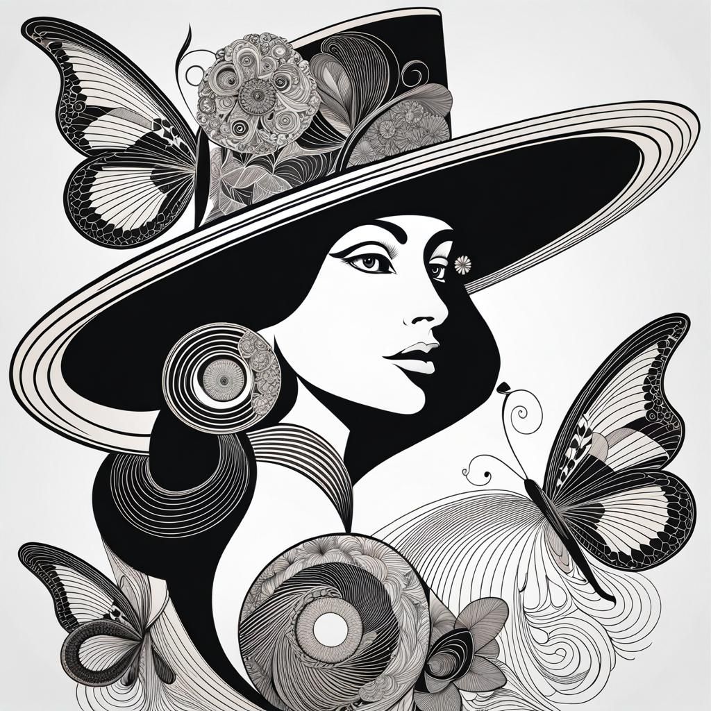 Line Art Lady with Hat and Butterflies