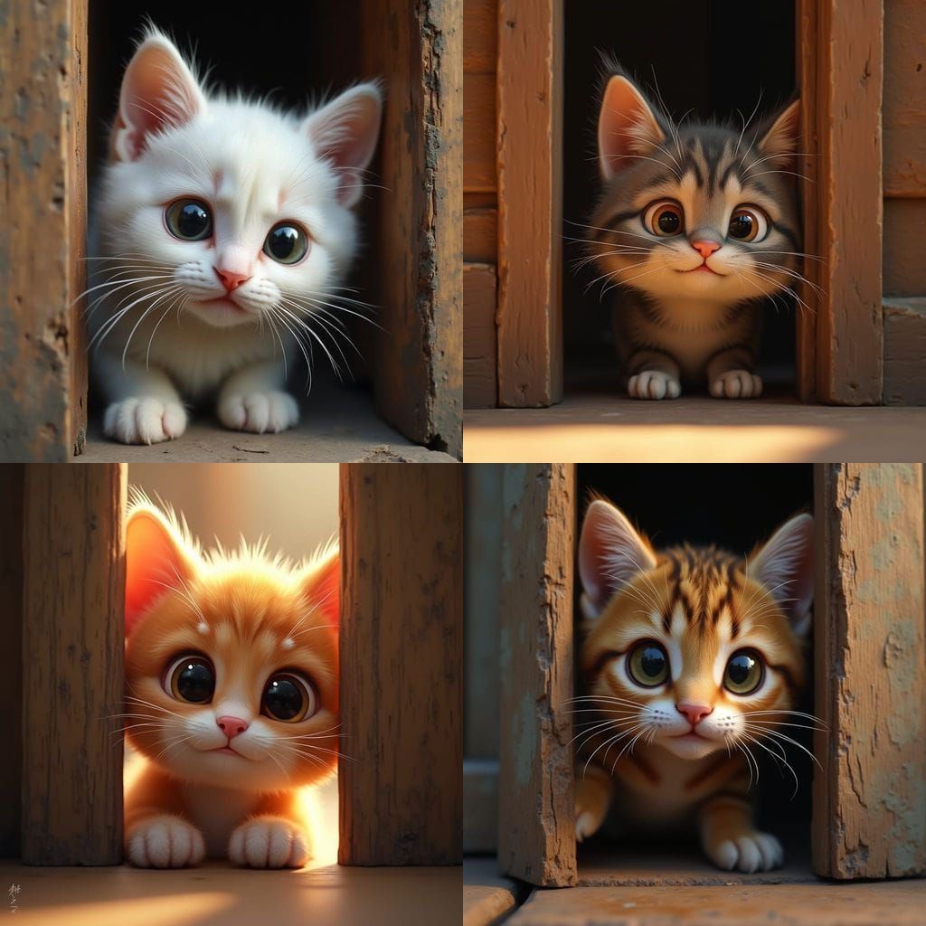 A 3D-rendered digital illustration of an adorable cat peeking through a narrow gap between two objects. The cat has larg...