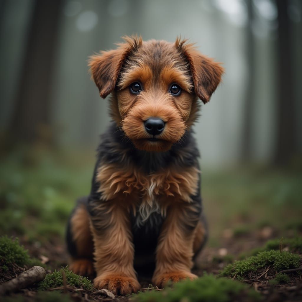 Fluffy Airedale Puppy in Misty Forest: Hyperrealistic