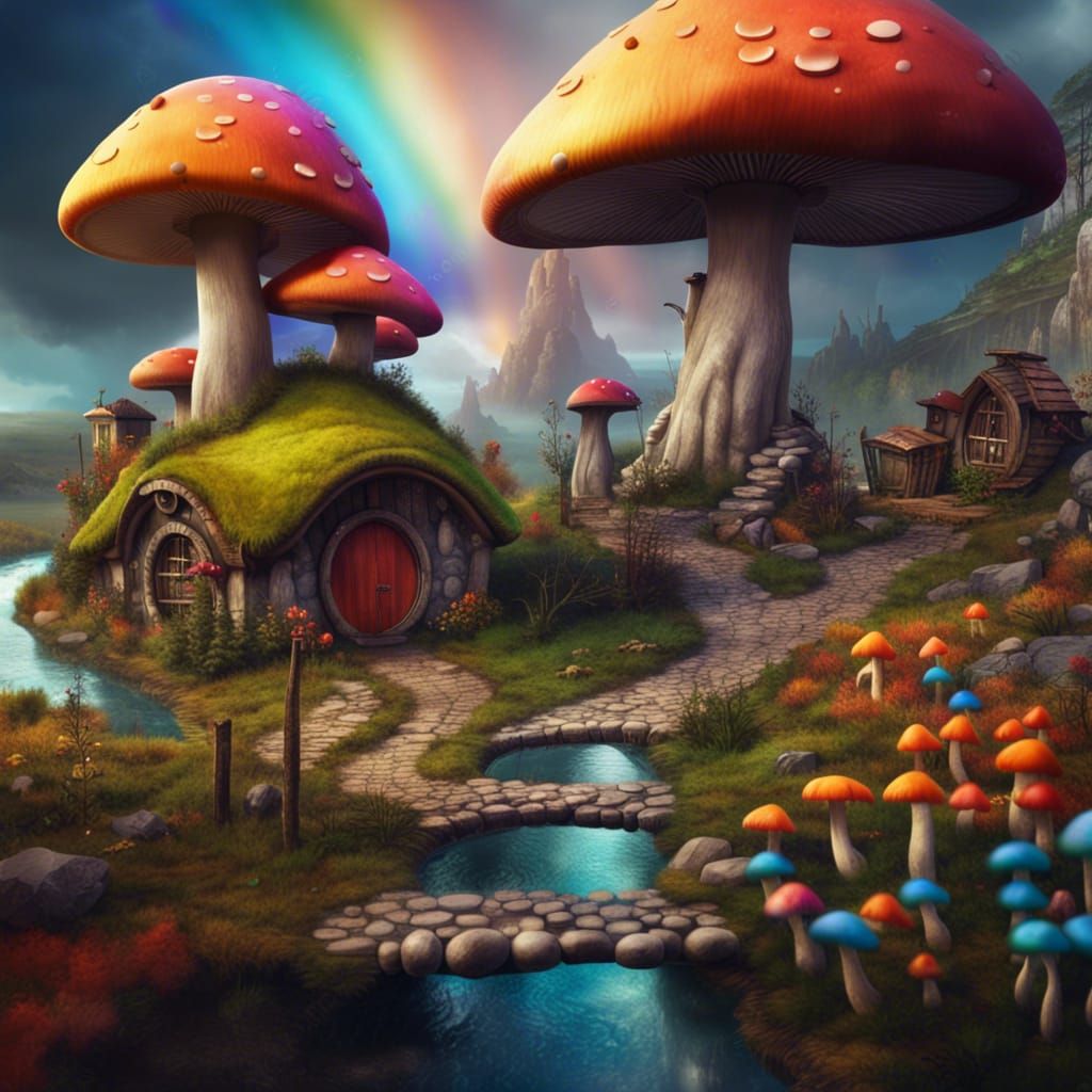 Mushroom Hobbit Houses in Fantasy World