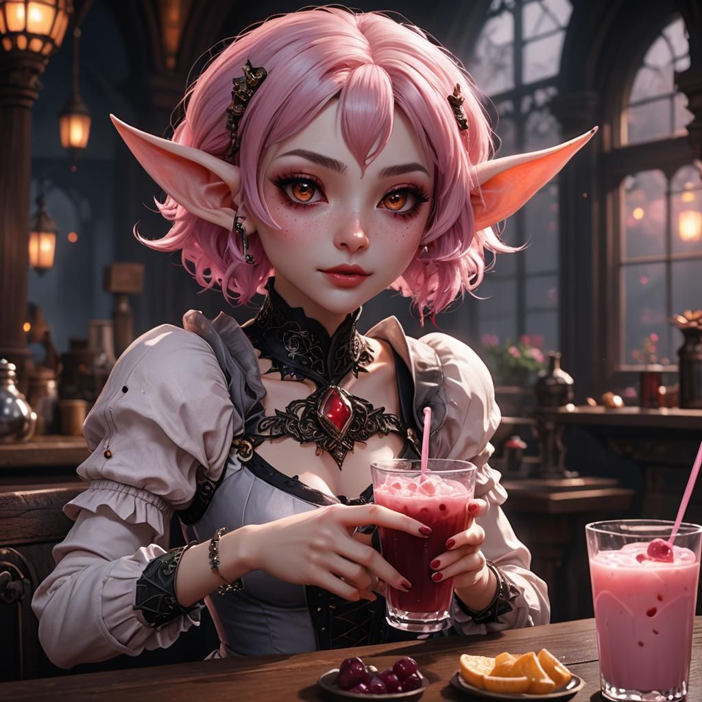 Playful Goth Vampire Elf Catgirl Drinking Boba