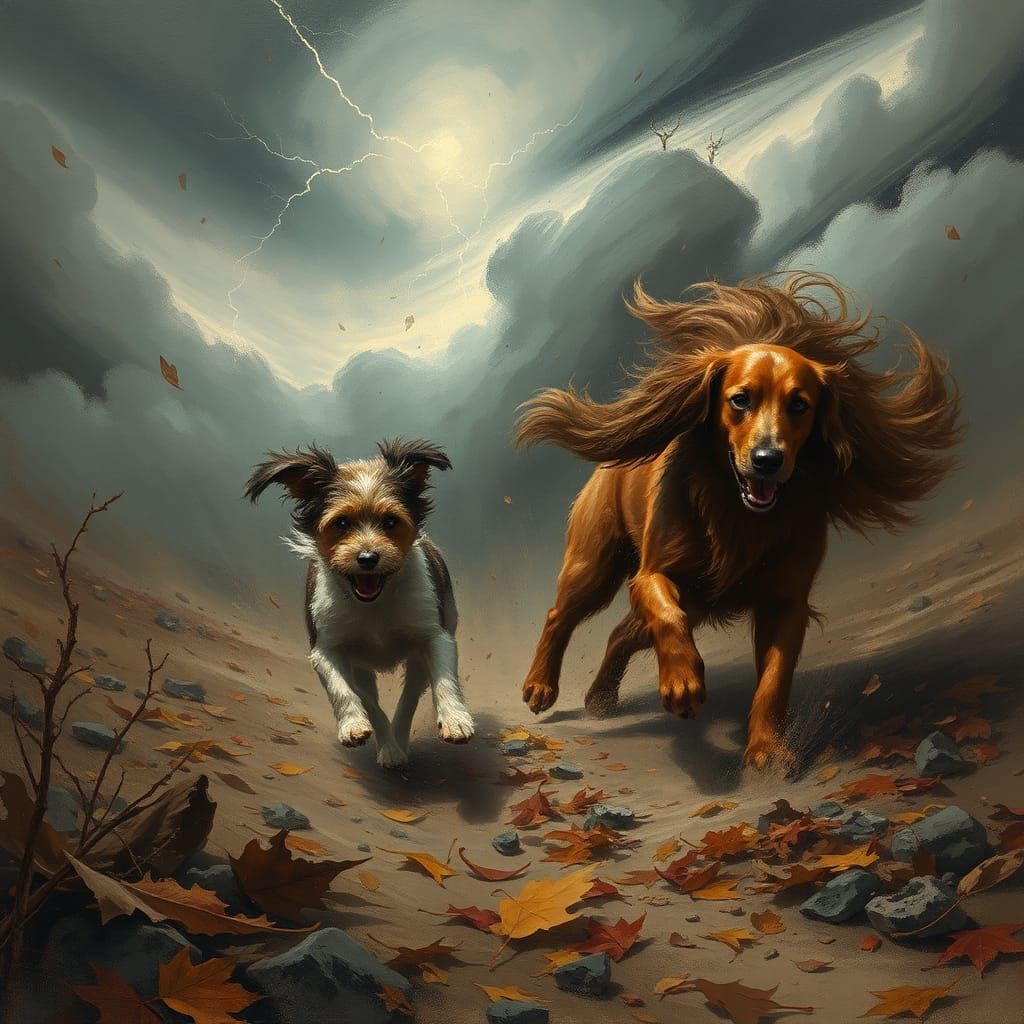 Dogs in Stormy Landscape with Expressive Brushstrokes