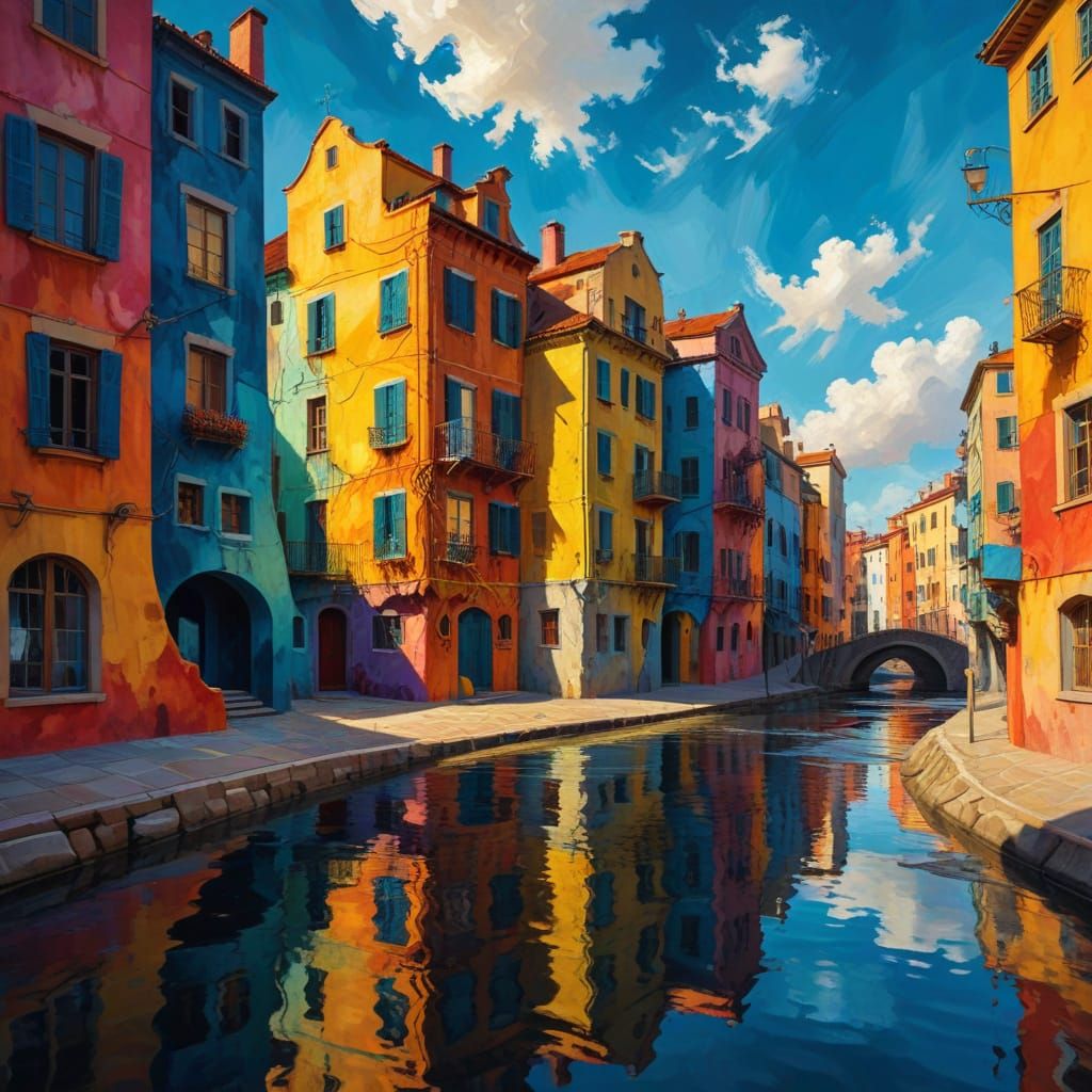 Surreal Riverbank Architecture in Vibrant Fauvist Style