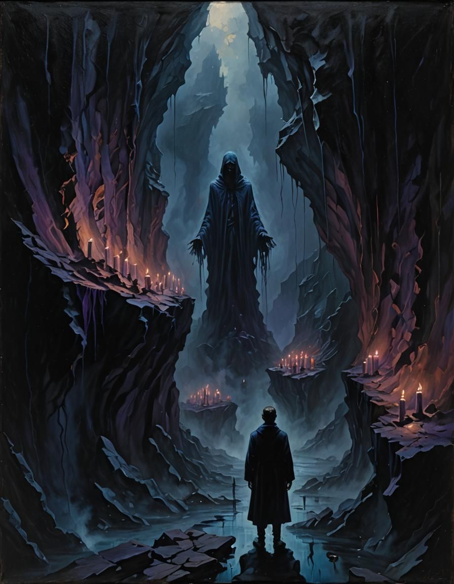 Figure at the Edge of the Endless Abyss in Dark Surrealist O...