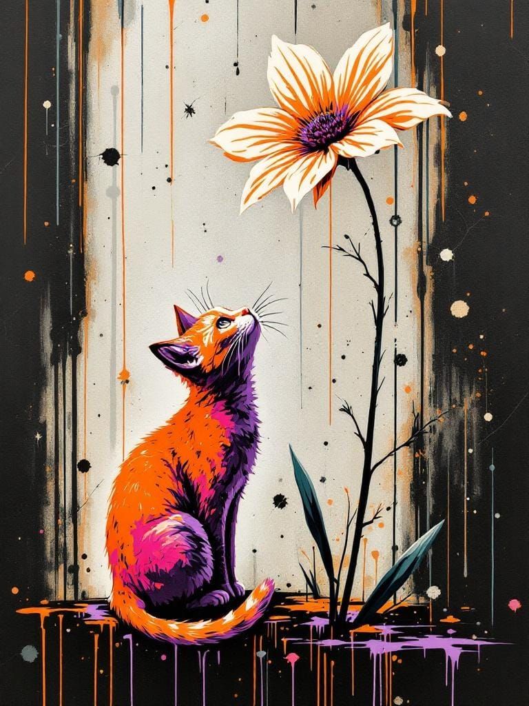 Cat Under Flower: Kawasaki and Banksy Fusion