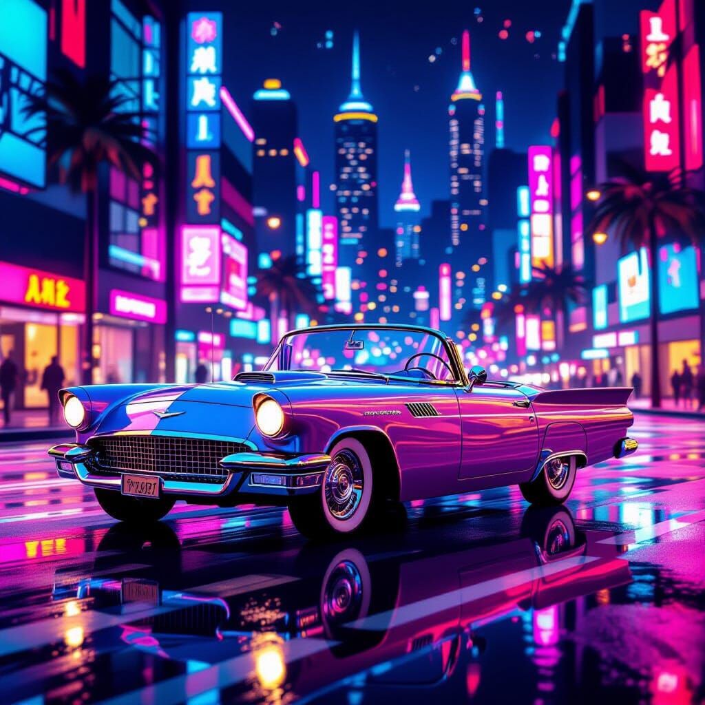 Vintage Car on Neon Street in Futuristic City