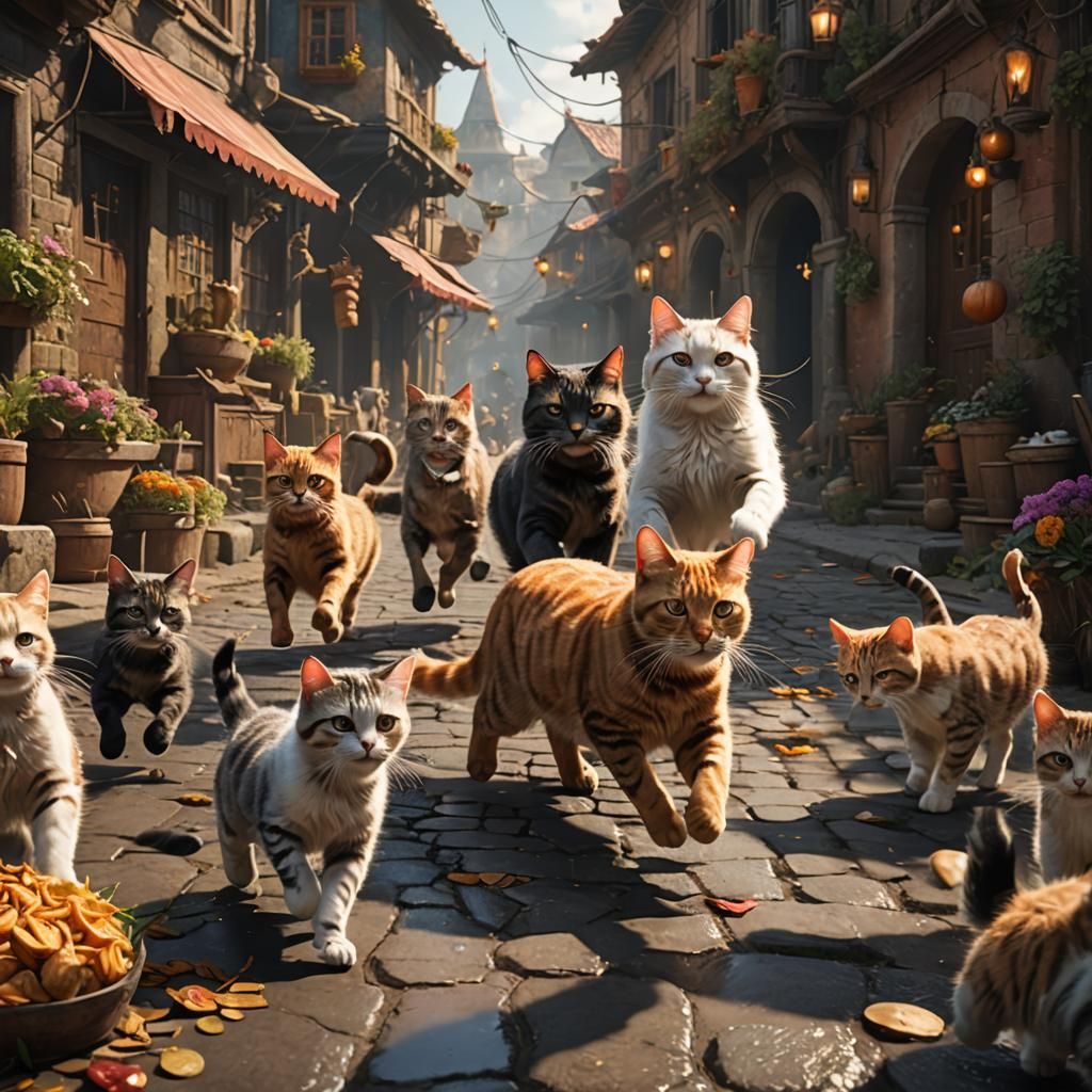 Mother Cat and Kittens in a Fantasy World