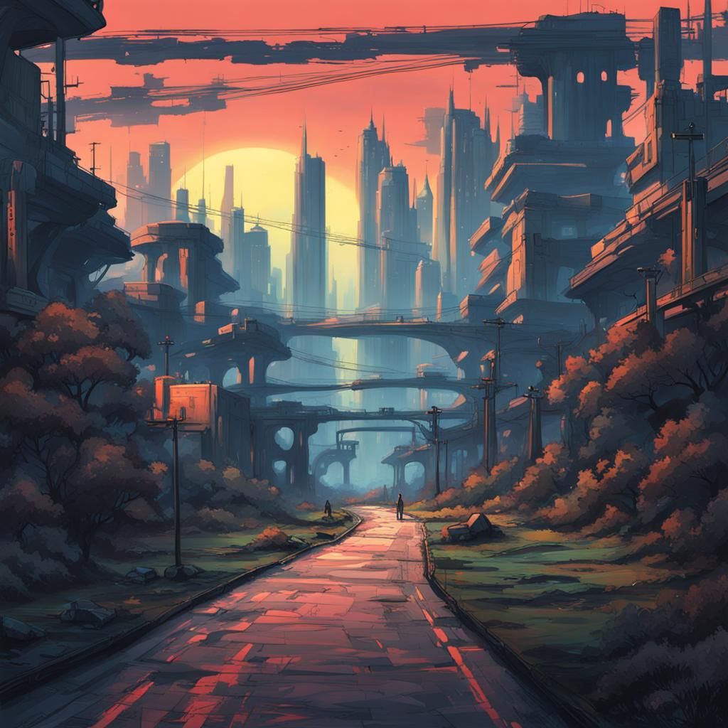 Cyberpunk City Road to Forest