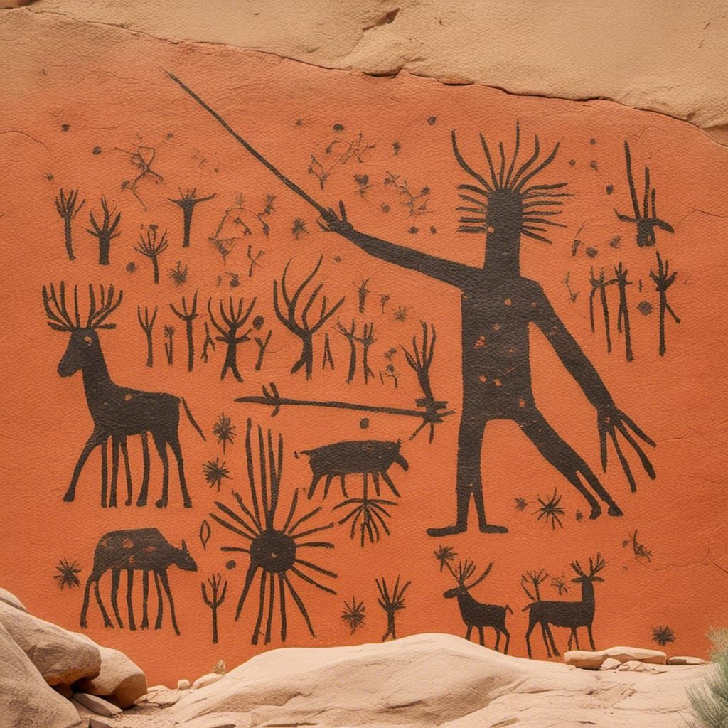 Nevada Desert Petroglyphs of Antelope and Hunter