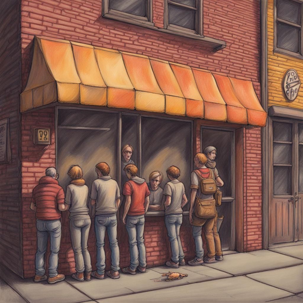 Sinister Pizza Shop Queue in Colored Chalk Style