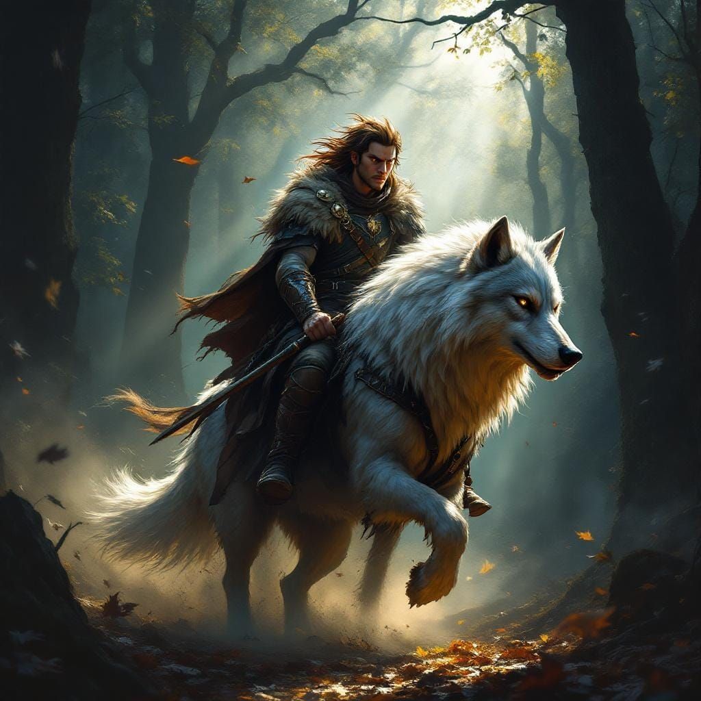 Wood-Elf Paladin on Dire Wolf: Dramatic Oil Painting