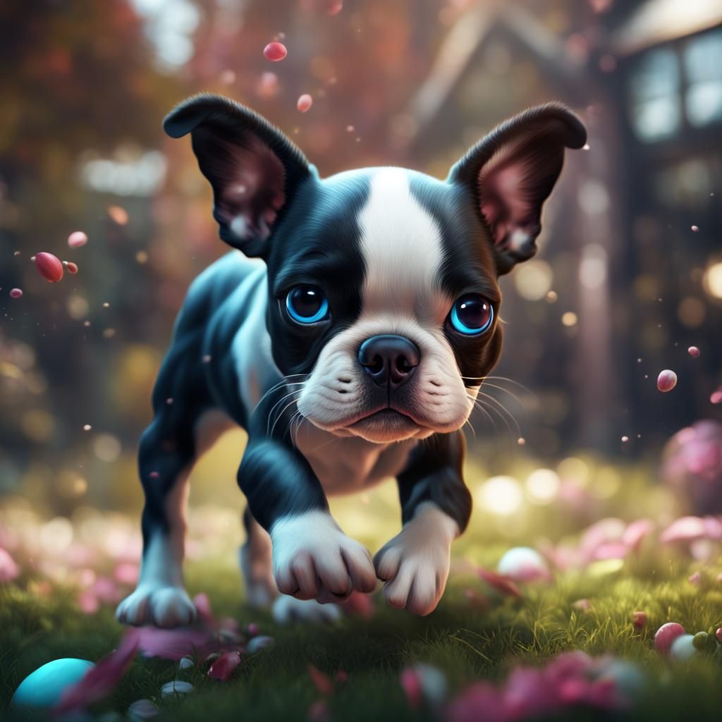 Fantastical Boston Terrier Puppy in Detailed Painting